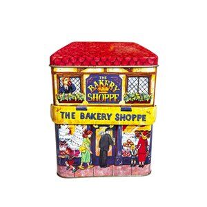 Vintage Bakery Shoppe Themed Square Tin Container Collectible With Hinged Lid